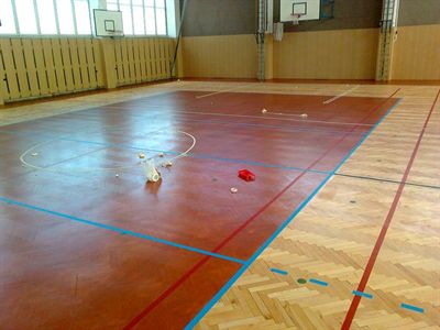 Broušení, lakování a lajnování podlahy tělocvičny školy